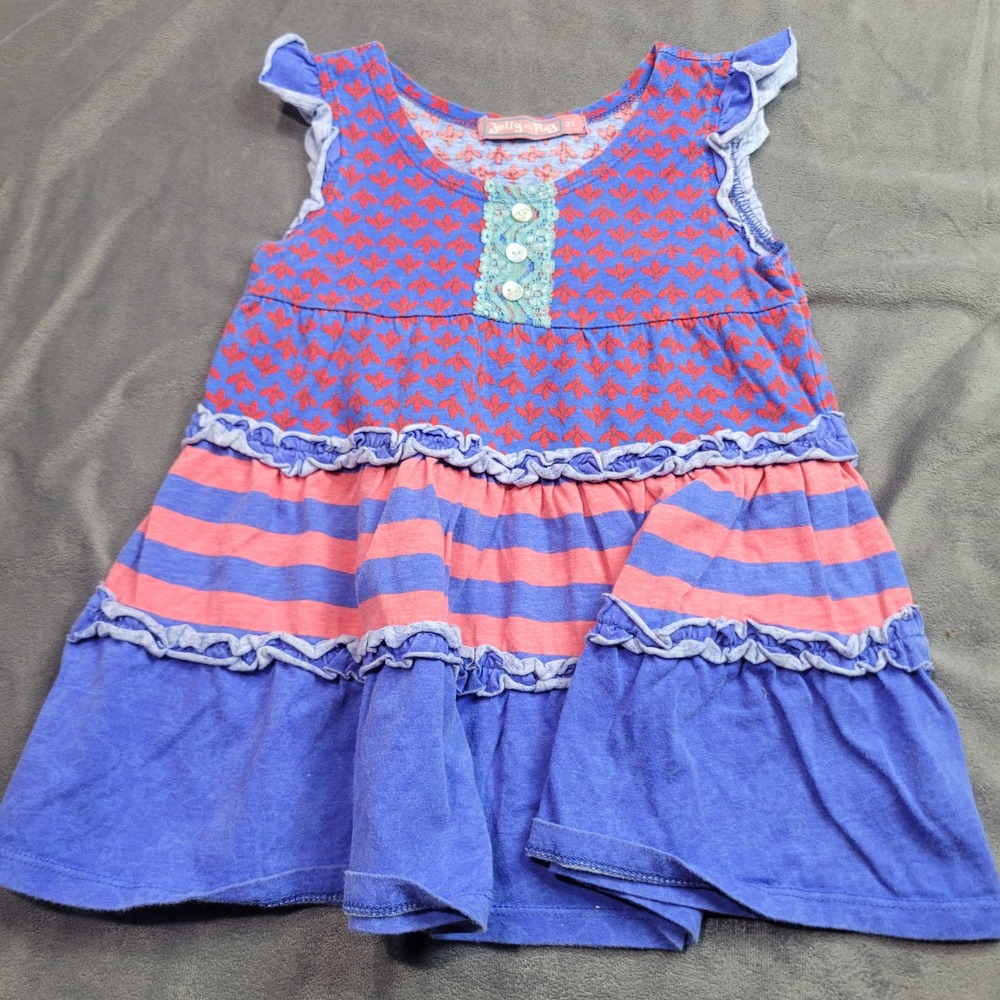 Jelly the Pug‎ Girls Emeline Blue Dress 2T Mixed Print Ruffle Tiered Cotton 812